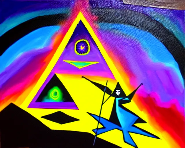 Prompt: Oil painting of a wizard on death mountain. Layered colorful magic spells in guernica style. Neon geometric geometric inks artwork. Elemental envelopment of the arcane master mage's ritual