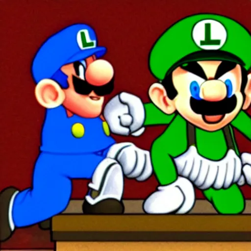 Prompt: Luigi strangling Mario with a garrote in the style of a Nintendo 64 game.