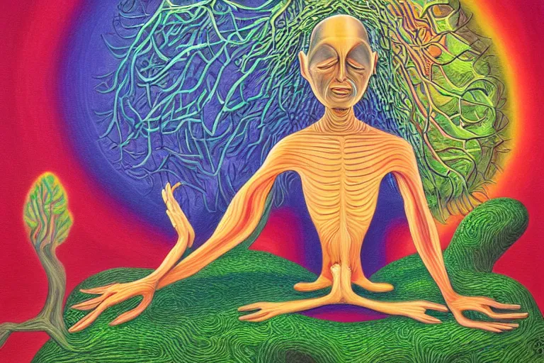 Image similar to painting of a depressed alien meditating under a tree by alex grey, acrylic art, sad, soothing, somber, elegant, soft light,