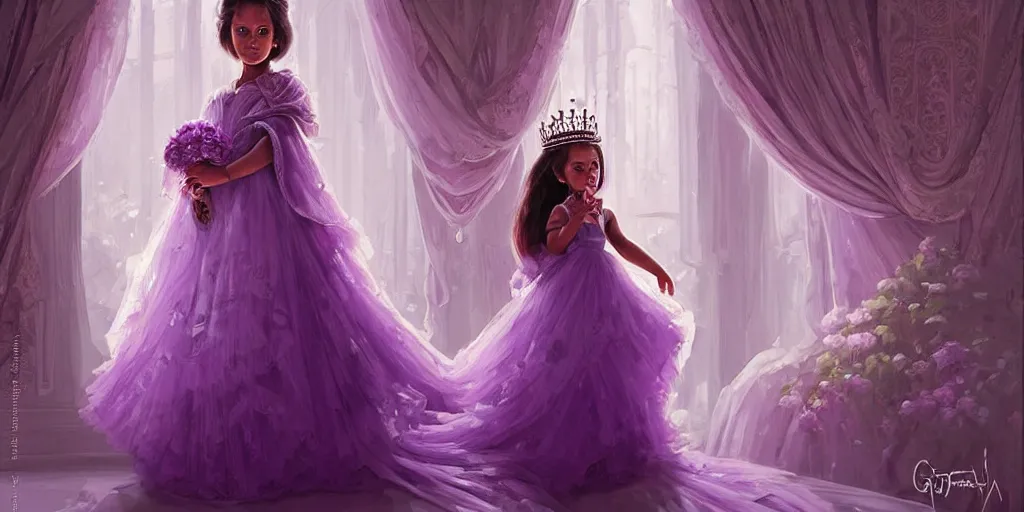 Prompt: portrait of little princess sophia is dressed in purple. her face is so beautiful, elegant and detailed. there are beautiful vases beside them, by greg rutkowski, by greg tocchini, by james gilleard, by joe gb fenton, by in kaethe butche