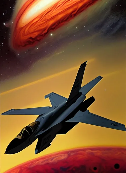 Image similar to poster artwork by michael whelan and tomer hanuka, a portrait, f 3 5 jets dogfighting in the clouds of jupiter, clean