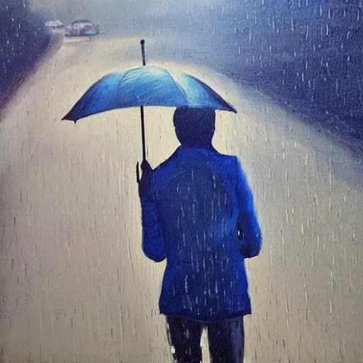 Prompt: left on seen. double checks whatsapp. blue checks. sad painting. rain. running under the rain.