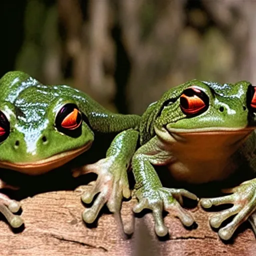 Image similar to movie film still scene, lord of the rings with frog heads