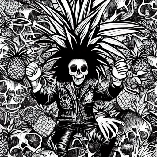 Prompt: mcbess illustration of a Skull with pineapple leaves as mohawk, wearing leather jacket with buttons and pins of anarchy signs, punk counterculture 1970s and 1980s, by Takeshi Obata in style of Death Note, portrait, half body shot, photographic, hyper realistic, ultra hd, 8K, cinematic lighting, Unreal Engine 5