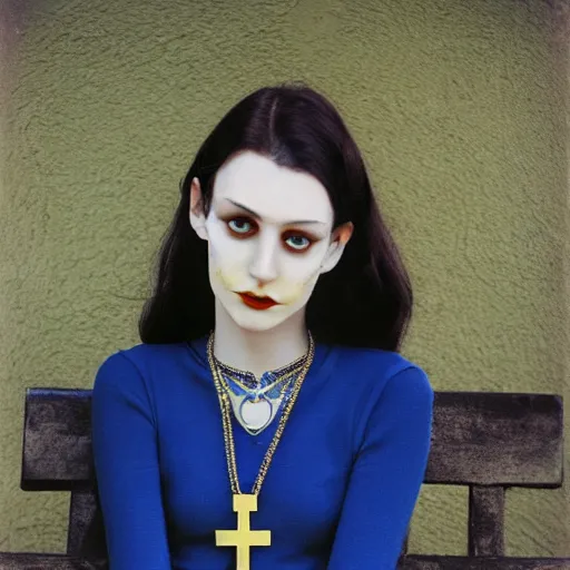 Image similar to close-up, color slide, Kodak Ektachrome E100, studio photographic portrait of Death as a young attractive, pale girl, gorgeous face, wears Egyptian Ankh Cross Pendant Necklace, Neo-Gothic looking, sits at a bench in a public park, intricate, elegant, blue hour, casual, lifelike, realistic, punk, Nikon camera, 75mm lens, f/2.8 aperture, HD, deep depth of field, sharp focus, rich deep moody colors, masterpiece image, highly detailed, Shutterstock, Curated Collections, Sony World Photography Awards, Pinterest, by Annie Leibovitz