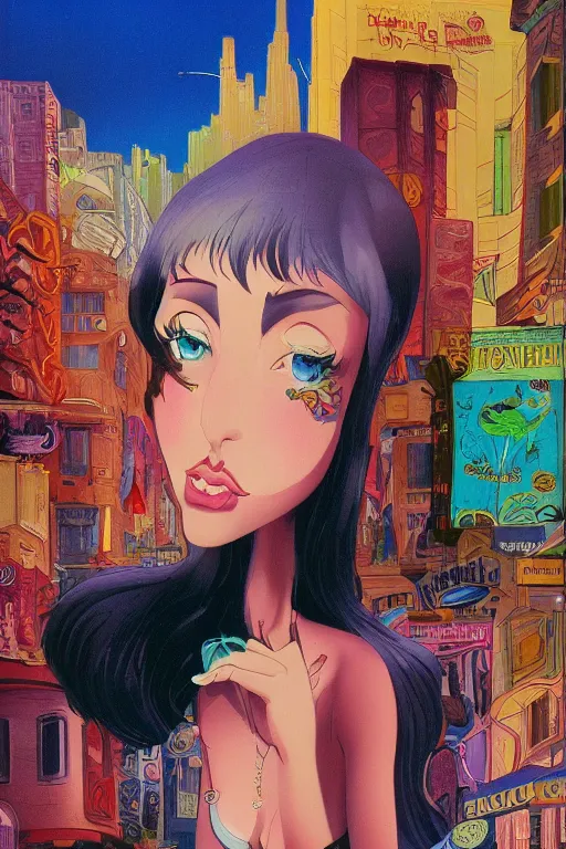 Prompt: portrait of an attractive young female protagonist, center focus, in city street, surreal, colorful, detailed artwork by ralph bakshi