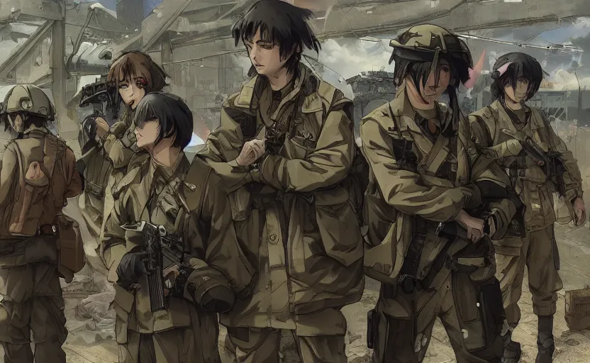 Image similar to anime style, modern warfare, panoramic view, trench and sandbags in background, soldier clothing, hair down, real faces, symmetrical facial features, from arknights, wallpaper, detailed drawing, trending pixiv, safebooru, volumetric modelling, think in 3 d, by alphonse mucha, greg rutkowski, sharp focus, backlit, under fire