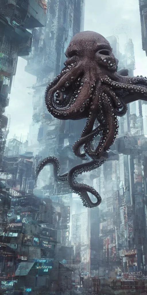 Image similar to hyperrealism, detailed textures, photorealistic 3 d cyberpunk octopus in apocalyptic city, futuristic clothing and helmet, ultra realistic, cinematic, intricate, cinematic light, unreal engine 8 k