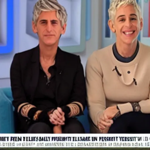 Image similar to jeffrey epstein interview on the elen degeneres show, plastic mannequins in the crowd, highly detailed facial expressions