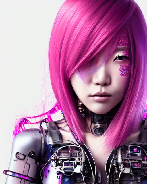 Image similar to portrait of a beautiful japanese woman with pink hair as a cyberpunk cyborg half robot, revealing wires and electronics, hooked - up, sci - fi, missing panels, intricate abstract upper body intricate artwork, concept art, octane render, deviantart, cinematic, key art, hyperrealism, iridescent accents, portrait photograph, nikon 3 5 mm, photograph by greg rutkowski