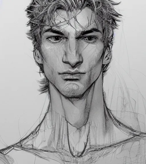 Prompt: portrait of xqc with a strong jawline, pen and ink, intricate line drawings, gigachad, by craig mullins, ruan jia, kentaro miura, greg rutkowski, loundraw