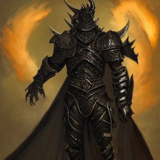 Image similar to digital art painting of a black dragonborn!!! wearing armored wizard robes, dnd portrait painted by craig mullins and gaston bussiere and greg rutkowski