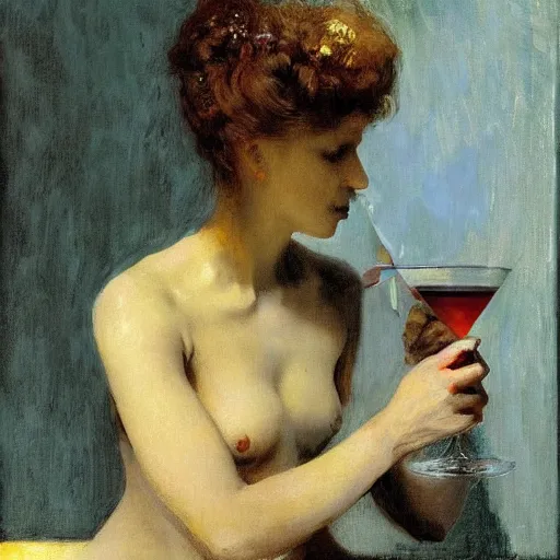 Image similar to portrait of a mysterious woman drinking a martini, by Ilya Repin and Dave McKean