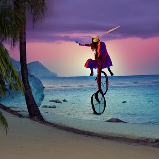 Prompt: a dreamy, colorful pictures of captain jack sparrow riding a unicycle, to the sunset.