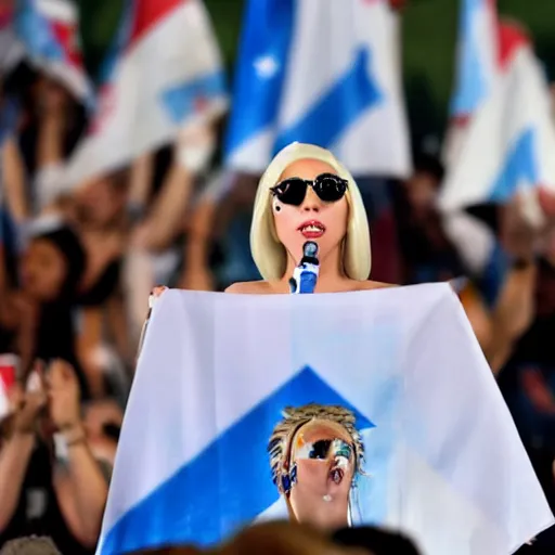 Image similar to Lady Gaga as president, Argentina presidential rally, Argentine flags behind, bokeh, giving a speech, detailed face, Argentina