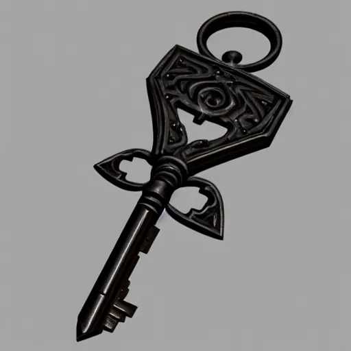 Image similar to a stylised metal key, key is on the center of image, rpg game inventory item, very detailed, rim light, outer glow, on the white background, high poly vray render, stylised textures, trending on artstation