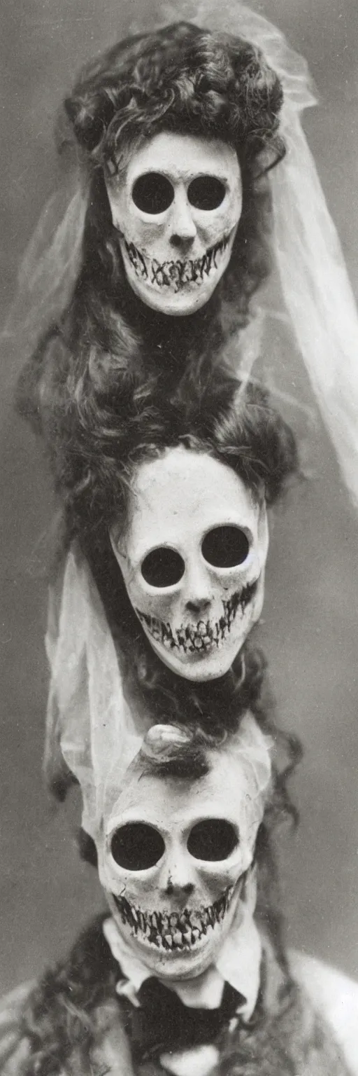 Image similar to a head and shoulders portrait photograph of a victorian wearing a scary vintage halloween mask, 1 9 0 0 s picture