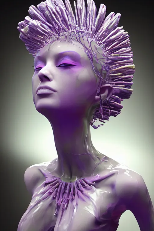 Prompt: epic 3 d abstract model, liquid headdress, 2 0 mm, with white and pastel purple peanut butter, melting smoothly into other faces, liquid, delicate, beautiful, intricate, houdini sidefx, trending on artstation, by jeremy mann and ilya kuvshinov, jamie hewlett and ayami kojima