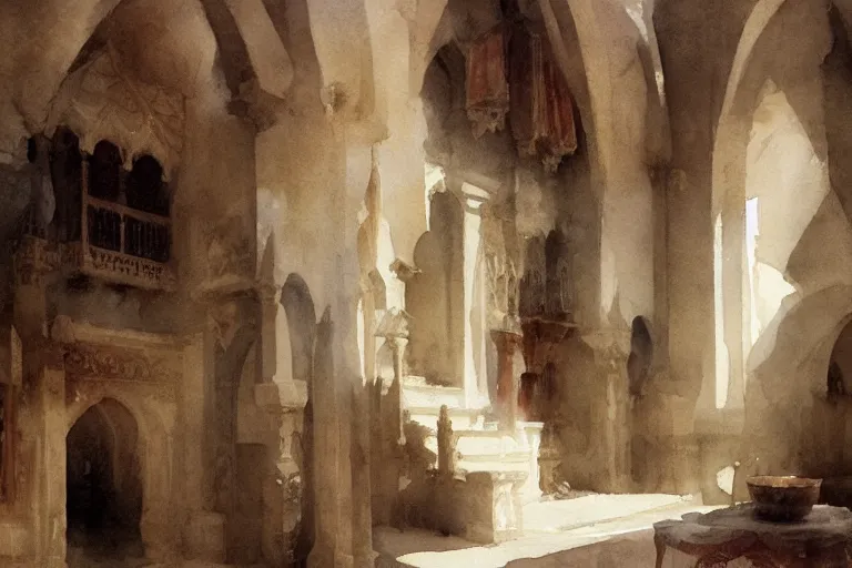 Image similar to abstract watercolor painting of spanish arabian lord house interior, in stone, magical and traditional, cinematic light, national romanticism by anders zorn, by greg rutkowski, by greg manchess