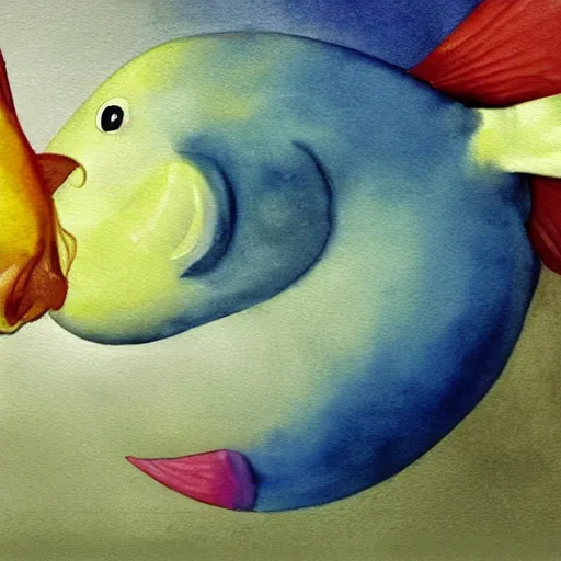 Image similar to a hype realistic oil painting of the most cute little fat girl kissing a huge colorful cute fish. hype realistic scene. studio lighting. window. 3 d, octane render, deep focus, fashion style, white scene. very funny and sweet art. unreal engine. watercolor. fellini style. poster quality. da vinci painting style. highly detailed.