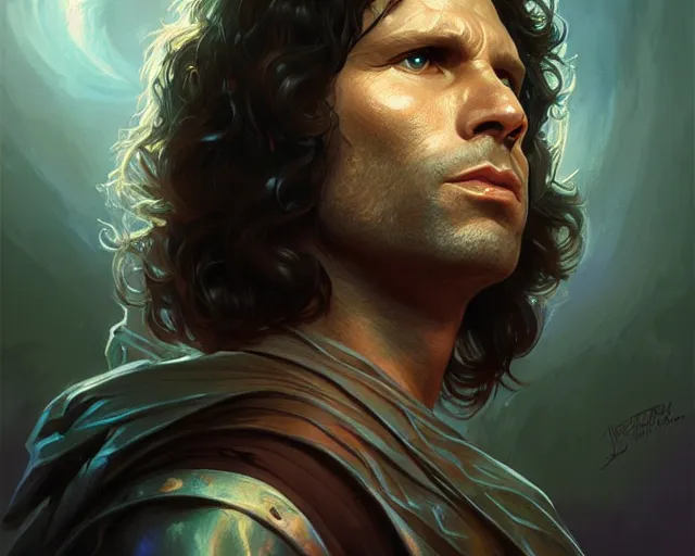 Image similar to jim morrison, 8 k, deep focus, d & d, fantasy, intricate, elegant, highly detailed, digital painting, artstation, concept art, matte, sharp focus, illustration, hearthstone, art by artgerm and greg rutkowski and alphonse mucha