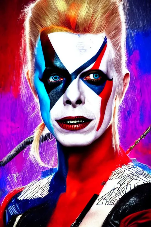 Image similar to portrait of david bowie as a harley quinn in suicide squad. intricate abstract. intricate artwork. by tooth wu, wlop, beeple, dan mumford. octane render, trending on artstation, greg rutkowski very coherent symmetrical artwork. cinematic, hyper realism, high detail, octane render, 8 k, iridescent accents