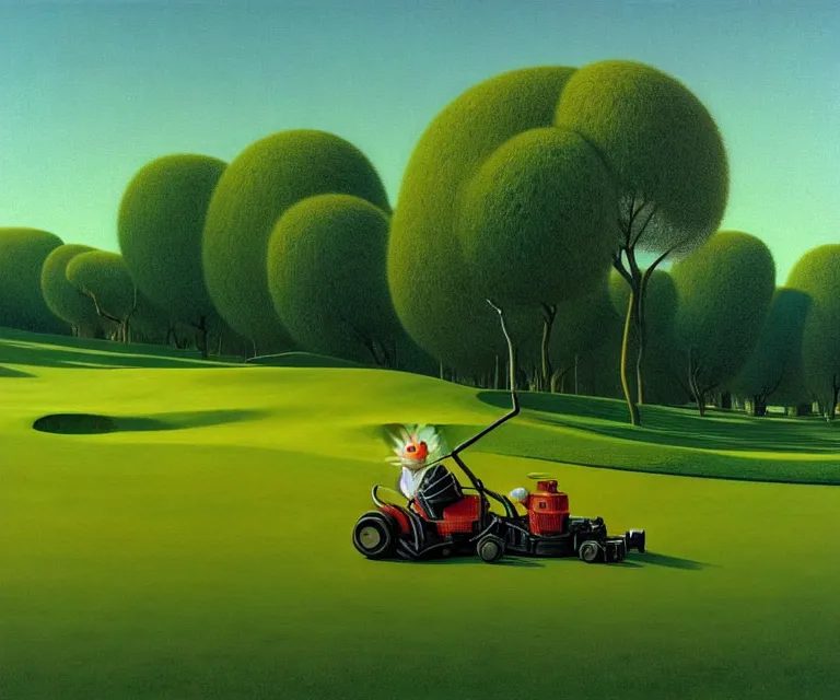 Image similar to hyper detailed 3d render like a Oil painting - a cartoon gerbil riding a lawnmower across a golf course at dawn, by Jacek Yerka, Mariusz Lewandowski, Houdini algorithmic generative render, Abstract brush strokes, Masterpiece, Edward Hopper and James Gilleard, Zdzislaw Beksinski, Mark Ryden, Wolfgang Lettl, hints of Yayoi Kasuma, octane render, 8k