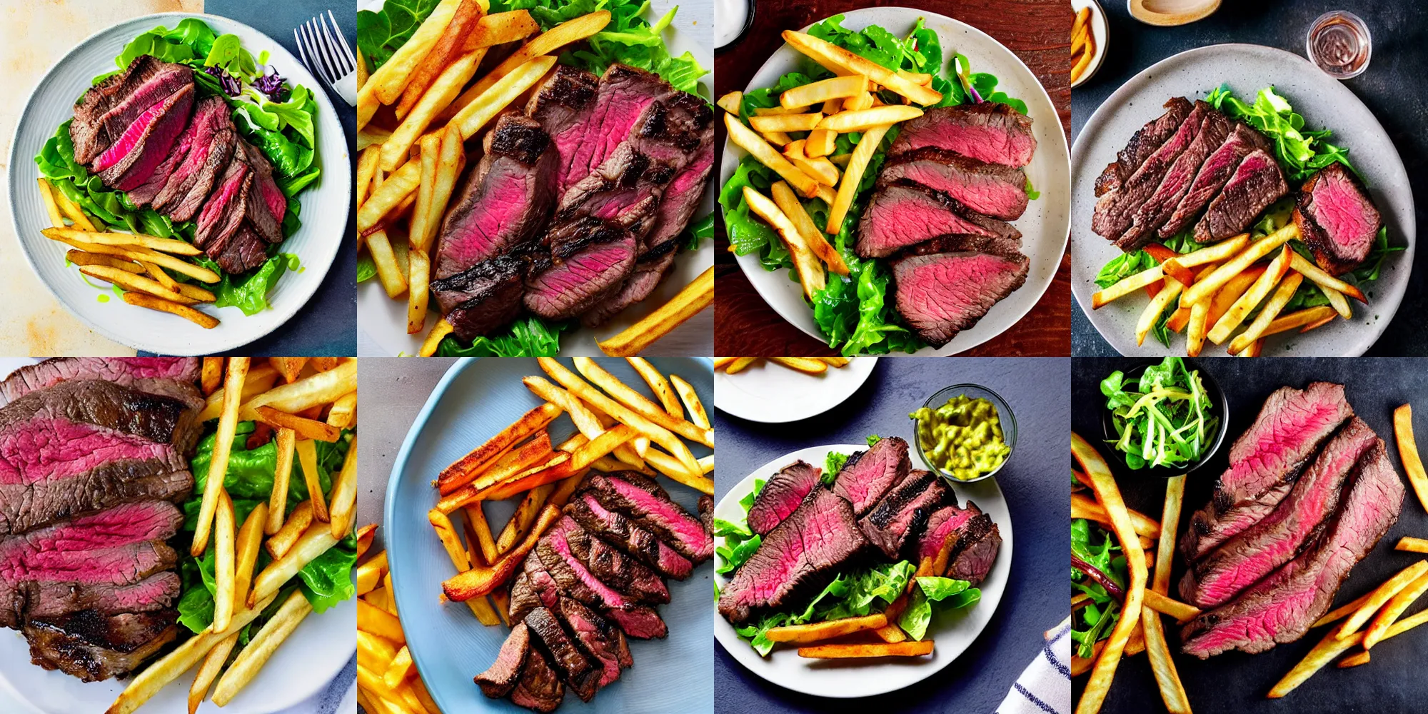 Prompt: half - bakked steak with french fries and side salad