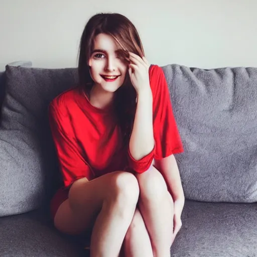 Prompt: selfie photograph of a cute thin young woman, red blush, wearing casual clothes, small smile, relaxing on a couch, cozy living room, medium shot, 8 k, trending on instagram, photorealist, trending on pinterest, portra 4 0 0