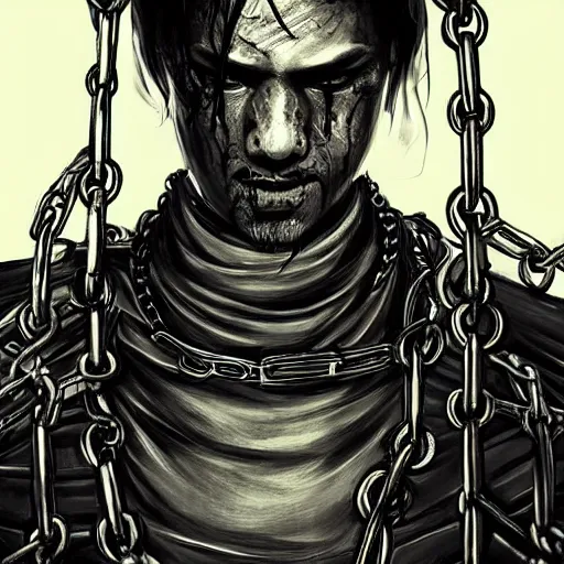 Prompt: portrait of full body samurai wraped in chains and schythe, art inkstyle artstation higly detailed horror cinematic