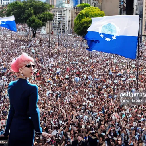 Image similar to Lady Gaga as president, Argentina presidential rally, Argentine flags behind, bokeh, giving a speech, detailed face, Argentina