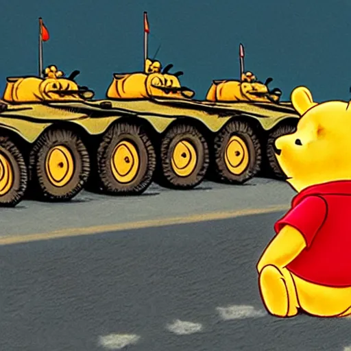 Prompt: winnie the pooh at tiananmen square sitting down on road in front of line of chinese tanks, award winning photography, extremely detailed, artstation, 8 k, sensual lighting, incredible art, wlop, artgerm