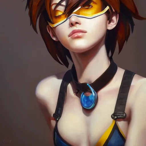 Image similar to oil painting of tracer overwatch in a field wearing o - ring choker around neck, in style of mark arian, expressive face, detailed face, detailed eyes, full body, feminine face, tracer overwatch,