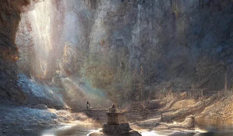 Image similar to opening of an abandoned mine, sharp focus, intricate, elegant, digital painting, artstation, matte, highly detailed, concept art, illustration, volumetric lighting, bokeh light, art by greg olsen and liz lemon swindle