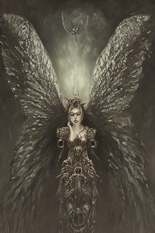 Image similar to portrait of an ominous looming moth angel at a dark shrine, oil on canvas, experimental gothic style, ornate, elegant, detailed, prominent intricate wings, concept art, trending on artstation, javascript enabled