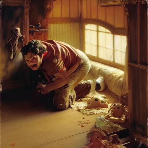 Prompt: paul rudd hiding under his bed, scared because a haunted doll is stalking him, painting by gaston bussiere, j. c. leyendecker, greg rutkowski, craig mullins 8 k