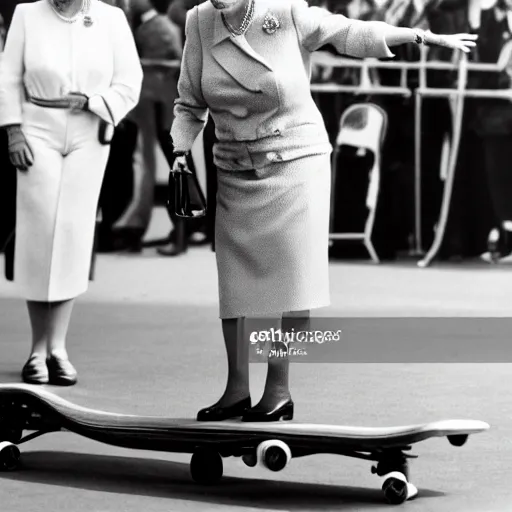 Image similar to queen elizabeth doing tricks on a skateboard, getty images watermark