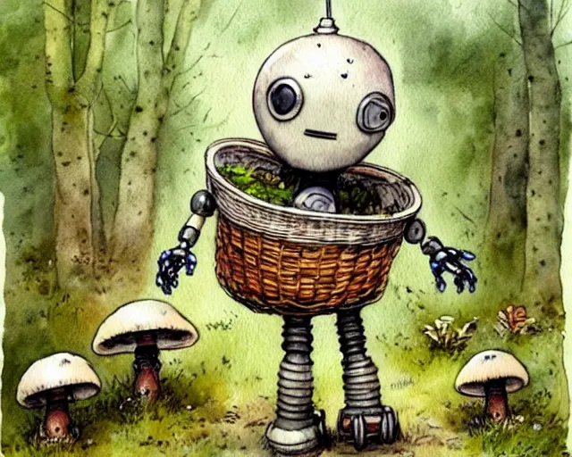 Prompt: a cute little robot walking in the forest picking mushrooms, holding a basket full of mushrooms, watercolor painting by jean - baptiste monge