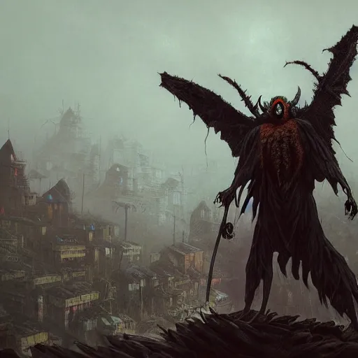 Image similar to scary , epic , Post-processing , low angle , Greg rutkowski legendary matte painting , masterpiece , 8K centered headshot Portrait of a psychedelic godlike mothman posing with a cigar with giant mandala wings smoking a hand-rolled cigarette smoking heavily , magic mushroom village in background , post-processing , award winning. superb resolution. in the art style of Satoshi Kon and Greg Rutkowski , Detailed Mushroom city in background , Hyper realistic anime , Perfect art , Dalle2