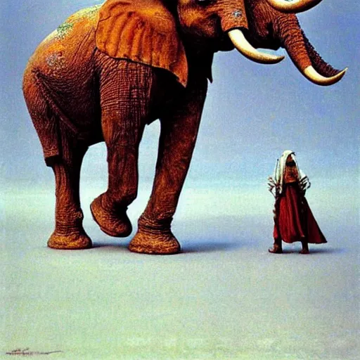 Image similar to ancient war elephant in ancient armor, beksinski