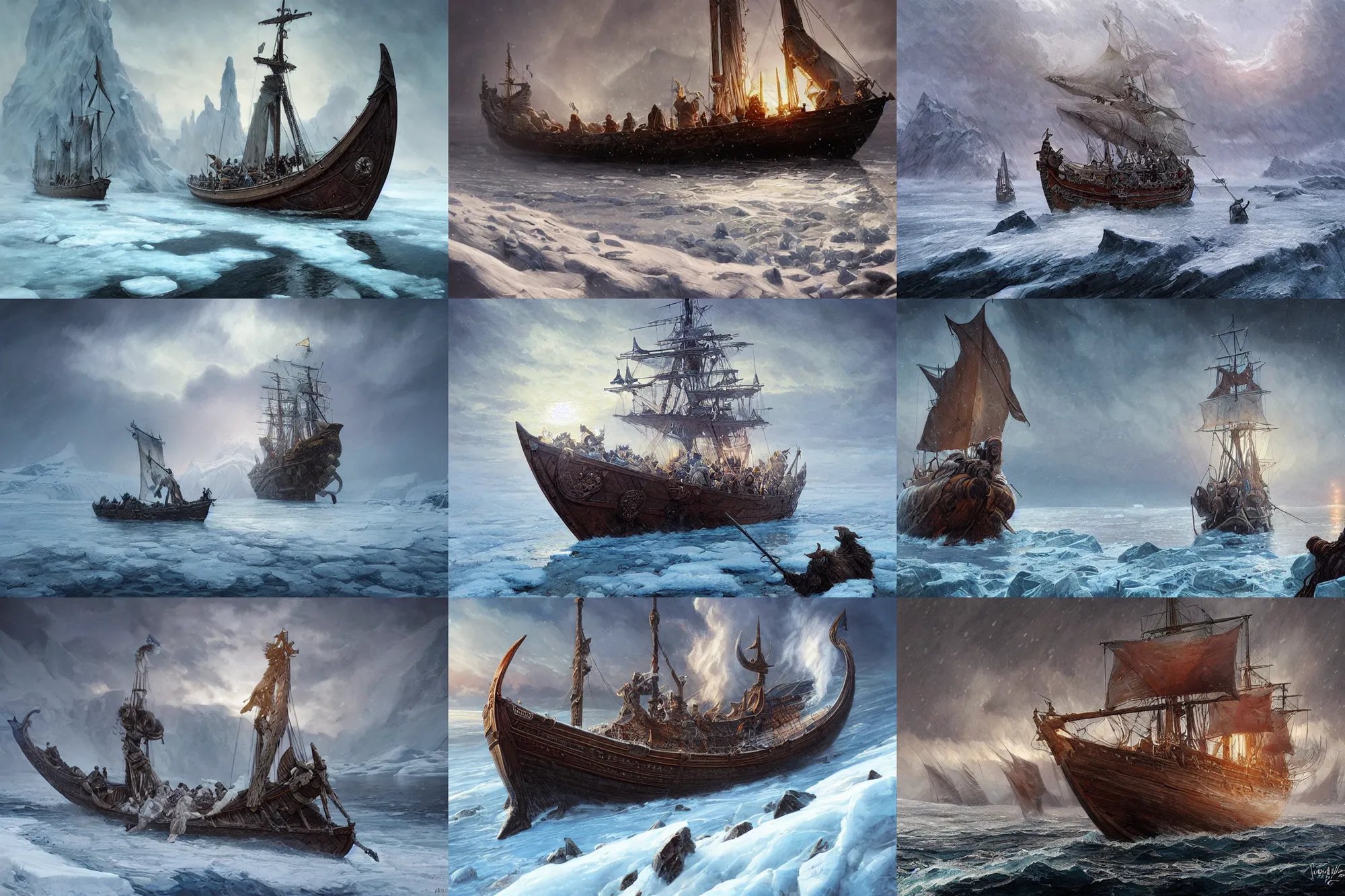 Prompt: viking longship in the arctic ocean, intricate, blizzard, highly detailed, digital painting, concept art, sharp focus, illustration, cold, art by artgerm and greg rutkowski and alphonse mucha