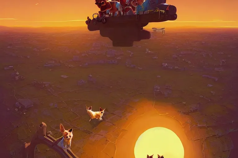 Image similar to Three chihuahuas on a flying carpet, flying in the sky, looking down on an English town, sunset, golden hour, cinematic lighting, epic scene, digital art painting by simon stalenhag