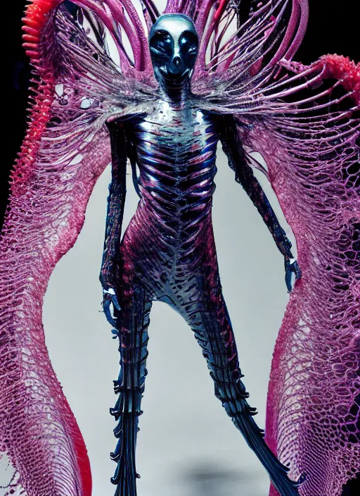 Image similar to walking down the catwalk, ben watts, show, stage, vogue photo, podium, fashion show photo, iris van herpen, beautiful woman, full body shot, helmet on face, masterpiece, plant predator, guyver, jellyfish, biomechanical details, movie still, fauvism, cinestill, bokeh, gelios lens