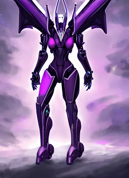 Image similar to cinematic front shot, cosmic sized proportional stunning beautiful hot female warframe, detailed sleek robot mecha female dragon head, metal ears, sleek purple eyes, sleek silver armor, smooth, nebula sized, holding a planet, epic proportions, epic size, epic scale, furry art, dragon art, giantess art, warframe fanart, furaffinity, deviantart