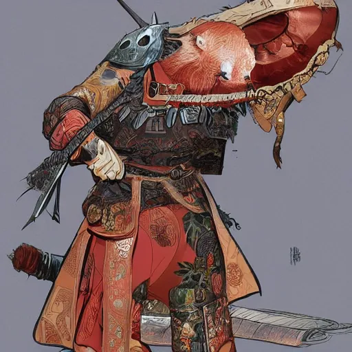 Image similar to capybara samurai, wearing samurai armor with a katana, highly detailed, digital painting, artstation, concept art, smooth, sharp focus, illustration, art by artgerm and greg rutkowski and alphonse mucha