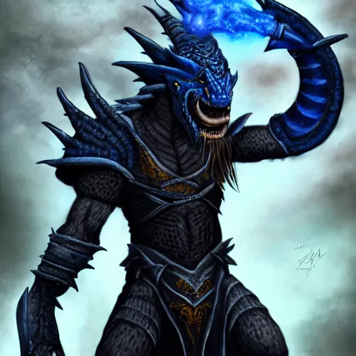 Prompt: a dark blue dragonborn with large tusks, half of his face flaming with blue flame, he wears a black dragon scales armor, large black boots and brown pants, digital art