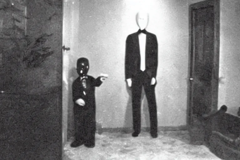 Image similar to an very old photo of slenderman in a house with nothing else