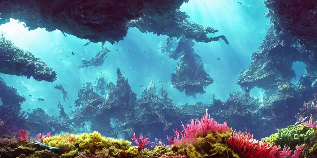 Prompt: an overgrown alien spaceshipwreck seascape with otherworldly flora, bursting with marine life. A shaft of sunlight penetrates the depths. 8k, beauty sleek design color metallic fluid 3D 4K, bioluminescence, neon, crazy fish, zoology! Fantastical creatures, unreal engine, deviant art, alien!!!!!!!!!!!!!! glowing neon vray, volumetric lighting highly detailed Octane rendering vivid cinematic lighting