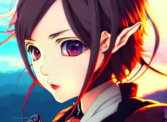 Image similar to ilya kuvshinov anime portrait fantasy elf girl, last exile, murata range, fine detail, perfect anime face, dramatic lighting, dynamic composition, art deco, cel shading, vivid, rich texture, alphonse mucha, ( ( ( colorful ) ) ), yoshinari yoh