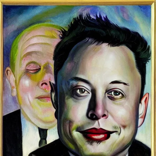 Image similar to “a deliriously happy king elon musk, portrait oil painting by Otto Dix, oil on canvas (1921)”